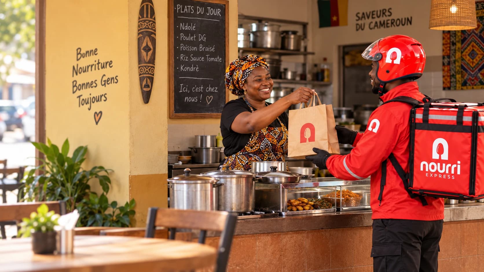 A restaurant cook handing a bagged order to a Nourri Express rider at the counter