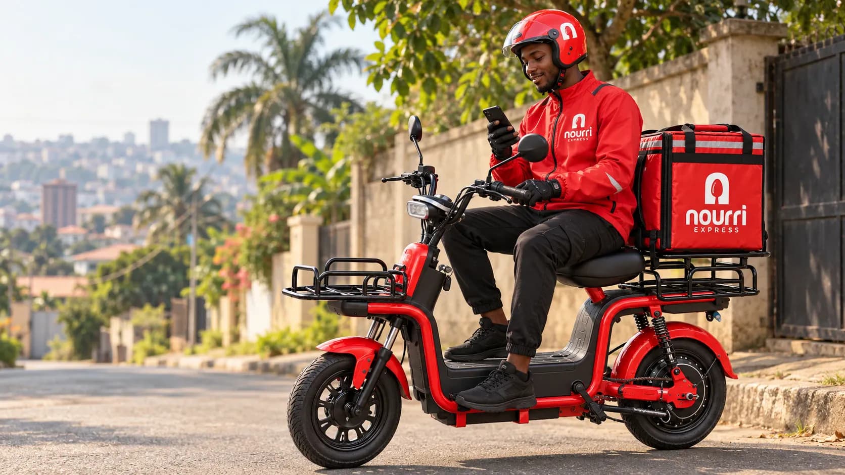A Nourri Express rider on an electric scooter checking an order on his phone